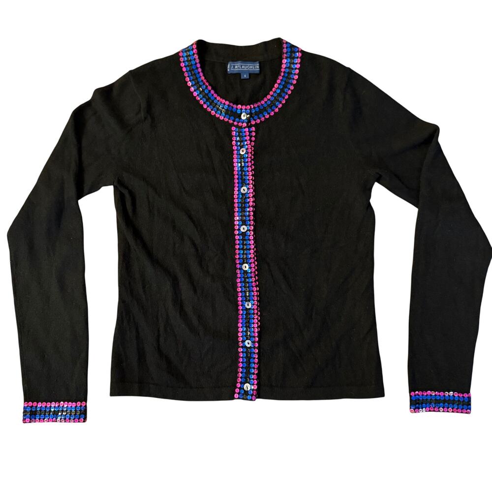 J. McLaughlin Black Sequin Trim Cardigan Sweater Small S Cashmere Cotton Blend